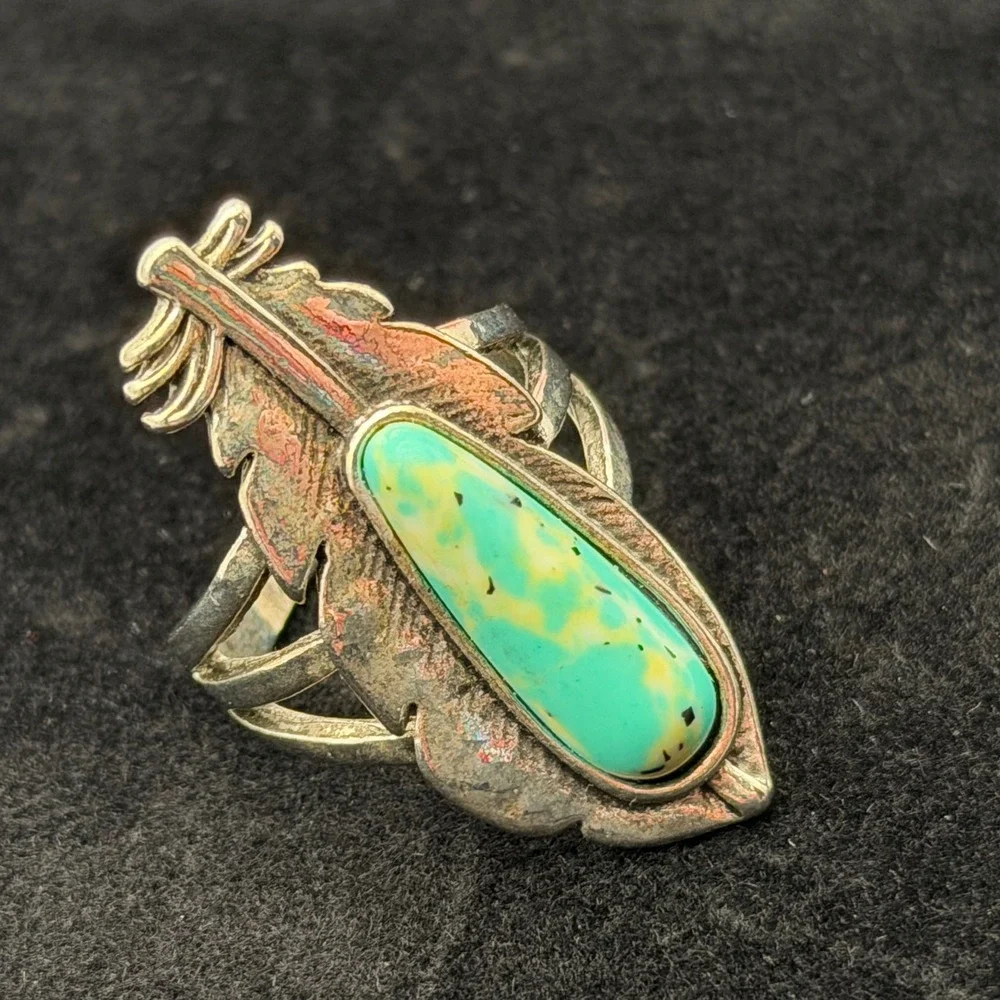 Southwestern Feather Turquoise Statement Ring Silver Tone Split Shank Size 8.25